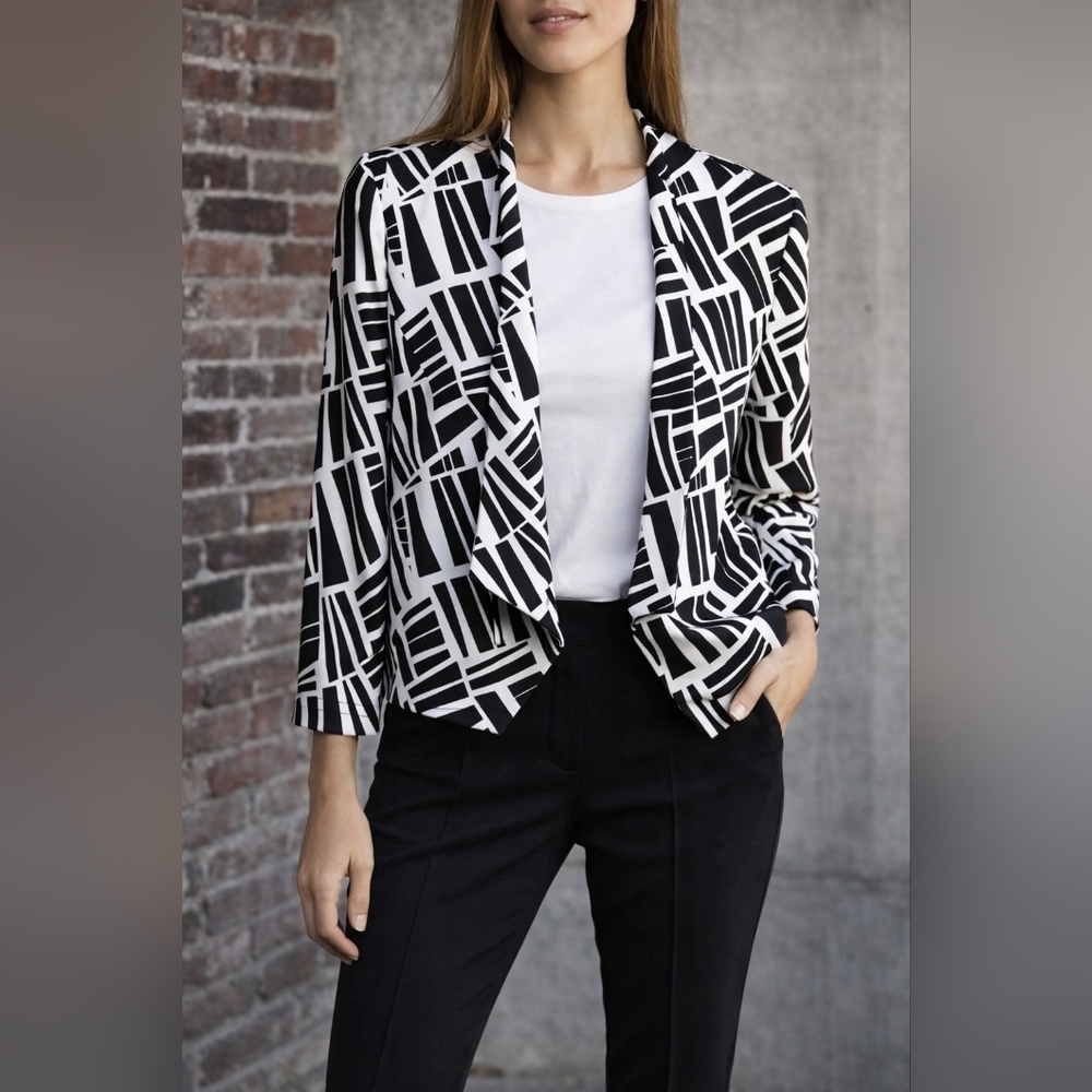 Nine West Black White Geometric Open Front Blazer Modern Abstract Print Career